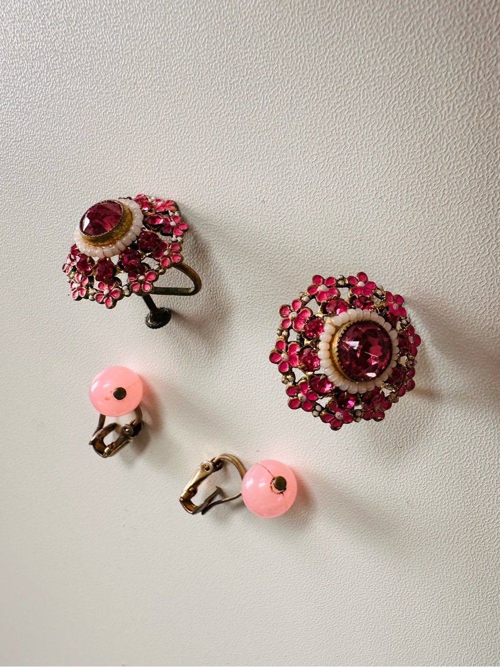 Pink Floral Crystal Cluster Clip-On Earrings Set